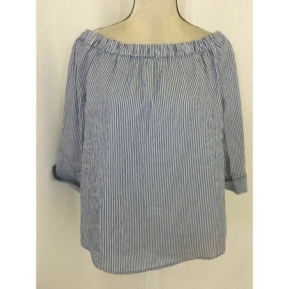 Zara Womens Blue White Striped Long Sleeve 100% Cotton Top Medium